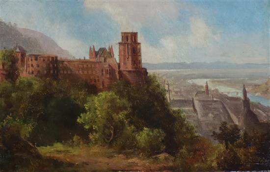 Alfred Karl Julius Otto von Schönberger (1845-1880), oil on millboard, Castle along the Rhine, signed 13.5 x 20.5cm unframed